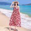 Vestido Nuevo de Algodón Seda para Mujer Verano Vacaciones Marinas Vestido de Playa Francés de Alta Gama Tirantes Floral Falda Larga