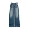 Jeans femininos de perna larga, fluidos, com lavagem em denim, estilo americano com lavagem desgastada, calças compridas azuis, comprimento estendido azul, algodão de primavera, 2026