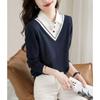 Roupa Casual de Trabalho Versátil Camisa Falsa de Duas Peças 2025 Primavera Nova Aparência Solta e Emagrecedora Redutora de Idade Camisa Feminina de Manga Comprida