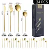 Amazon Transfronterizo Juego de Cubiertos Western de Acero Inoxidable de 24 Piezas 1010 Cuchillo, Tenedor y Cuchara Color Natural Dorado Estante de Almacenamiento Caja de Regalo