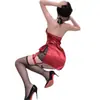 Estilo Puro Desejo Vestido Bodycon com Patchwork de Renda Alça Halter Sexy com Alças Finas Conjunto de Lingerie Estilo Cheongsam para Boate
