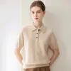 Suéter Konsaini 100% Caxemira para Mulheres, Top Tricotado de Manga Três Quartos com Gola Polo e Botões, Camisa Básica de Manga Curta