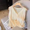 Camiseta de Tricô Manga Curta com Decote V Vazado Design Retrô Francês Feminina 26 Nova Camada Preguiçosa Feminina A13226