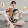 Pijama Masculino Verão Estilo Celebridade da Internet Manga Curta Algodão Puro Fino Jovem Primavera e Verão Shorts Conjunto para Usar em Casa Meninos