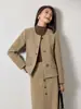 Chaqueta Caqui de Manga Larga con Cuello Redondo Estilo Chanel para Mujer, Nuevo Estilo Otoño 2026, Petite, Elegante, Rejuvenecedor, Top Casual