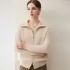 Cardigan Feminino de Lã Cashmere com Ponto de Diamante Gola Alta Manga Longa Solto Casual Versátil Outono Inverno Cor Sólida Zíper Peça de Roupa