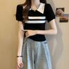 Tricô Estilo Faculdade com Gola Polo para Mulheres Baixinhas, Camiseta de Manga Curta com Ombro Direito Descoberto, Ajuste Slim, Top Curto Sexy