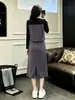 Deslumbrante conjunto de outono e inverno para mulheres, emagrecedor e elegante, com um toque de luxo, apresentando um top e saia de duas peças falsas