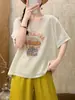 Camiseta de Lino Estampada Estilo Vintage Nueva para Mujer, Corte Holgado, Tallas Grandes, Top Favorecedor y Versátil Venta al por Mayor