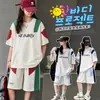 Conjunto Casual Deportivo de Verano 2026 para Niñas Mayores, Estilo Coreano, Camiseta de Manga Corta y Shorts con Bloques de Color