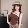 Camisole de malha sem costura com estampa de letras em estilo tattoo, com bojos embutidos, para mulheres