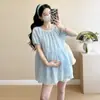 Conjunto de Dos Piezas para Maternidad Verano 2025 Nuevo Estilo Francés Bordado con Encaje Camisa Tipo Muñeca Reductora de Edad y Pantalones de Soporte para el Vientre