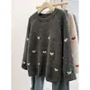2026 Tricô Jacquard de Inverno Suéter de Gola Redonda Top Preguiçoso Novo Solto Cardigan de Coração Outono Cor Damasco Cinza Escuro