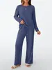 Conjunto de dos piezas transfronterizo para mujer 2025 Otoño Nueva Moda Casual Pantalón Recto Elegante Suelto Cuello en V Conjunto de Punto Acanalado