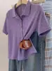 Camisa Polo Feminina Roxa de Alta Qualidade Estilo Coreano Verão Seda Gelada Manga Curta Top Simples Feminino A10822