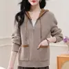 2025 Primavera Outono Inverno Novo Cardigan Tricotado com Zíper e Capuz Feminino Cor de Contraste Solto Tamanho Grande Moda Jaqueta Suéter Manga Longa
