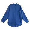 Artículos de Calidad Original de Fila~ Camisa de Lino Azul Klein de Manga Larga para Mujer, Estilo Holgado y Relajado Primavera/Verano con un Toque de Alta Gama
