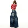 Pantalones de Pierna Ancha Sueltos de Cintura Alta Estilo Retro Americano Estilo Hot Girl Desgastados con Caída Jeans Rectos de Otoño e Invierno Mezclilla de Algodón para Mujer