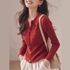 Francês Retro POLO Gola Macia Cerosa Camisola Mulheres Outono Novo Estilo Preguiçoso Vermelho Manga Longa Malha Cardigan Top