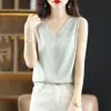 Camiseta, seda de hielo, estilo transfronterizo, tela fluida, ropa interior de verano, cuello en V profundo, sin mangas, escotada, top tipo tank top de malla con retazos para mujer