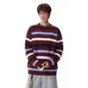 Suéter Masculino Gola Redonda Listrado Color Block Retrô Americano Outono Tendência Marca Texturizado Preguiçoso Casual Tricô Top