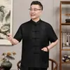 Traje Tang Delgado de Manga Corta para Hombre Estilo Chino 2026 para Personas de Mediana Edad y Mayores, Conjunto Botonado de Manga Corta con Cuello Mao, Atuendo de Verano para Personas Mayores