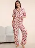 Conjunto de Dos Piezas para Mujer de Manga Corta con Solapa, Cardigan Estampado, Pijama y Ropa de Casa, Nuevo Estilo Europeo y Americano Transfronterizo para Primavera y Verano