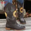 Botas de Caballero Altas Bordadas con Girasol Vintage para Mujer, Estilo Europeo y Americano, Punta Redonda, Tacón Grueso, Botas Largas
