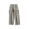 Calça Casual Retro Americana Masculina Estilo Outono/Inverno 2026 Bolsos Grandes Lavados Calça de Perna Larga Solta Emagrecedora Cargo Calça de Perna Reta
