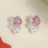 Pendientes de Plata S925 con Aguja, Perla Cortada en Rosa, Pendientes Pequeños de Moda Retro de Alta Gama, Pendientes Elegantes y Exquisitos
