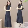 902 Gasa de Imitación Verano Nuevo Vestido de Mujer para Madre Elegante Dobladillo Grande Manga Corta Falda Larga Lunares Falda de Playa