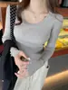 Blusa de manga comprida com gola amarela feminina outono e inverno novo estilo suéter de tricô slim fino primavera e outono peça íntima camada base