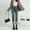 Jeans Rectos Negros Cortos de Cintura Alta para Mujer Diseño Popular en Línea Elástico Costuras Diseño con Solapa Recortados Tubo Humo