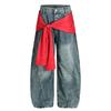 Gravata Listrada Retrô Americana Jeans Rasgado Cimitarra Feminino Novo Solto Reto Conjunto de Duas Peças Calças de Cintura Larga Hip-Hop