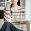 Suéter Pulóver de Punto Holgado con Rayas Contrastantes Estilo Retro para Mujer Jacquard Sensación Relajada Elegante Cuello Redondo Suéter Capa Base