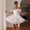 Vestido de Casamento Branco Leve Estilo Francês Ombro a Ombro para Banquete de Casamento, Cerimônia, Registro Civil, Vestido Curto de Festa para Aniversário