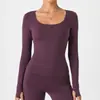 Camiseta de manga larga para mujer estilo americano transfronteriza con cuello en U en color café, corte ajustado, con sensación de segunda piel, adecuada para deportes, fitness y yoga