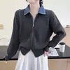 Otoño e Invierno Nuevo Tejido de Punto Transfronterizo Cárdigan para Mujer Estilo Coreano Falso Dos Piezas Holgado Patchwork de Mezclilla Top de Punto Cárdigan para Mujer