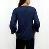 Camisa casual azul marino con cuello de solapa y mangas de tres cuartos, adecuada para el uso diario, nueva camisa para mujer 2026