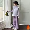 Conjunto Retro de Tres Piezas de Estilo Nacional Chino Moderno para Niñas Mayores, Nuevo Estilo Otoño e Invierno Conjunto de Camiseta Básica y Pantalones Casuales