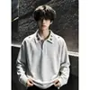 Sudadera con cuello polo estilo americano de peso pesado para hombre 2026, ajuste slim, manga larga, talla grande, camiseta negra de otoño, top pullover