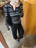 Suéter de punto Henley a rayas con bloques de color, maduro y elegante, estilo francés para mujer, top básico de manga larga ajustado a la moda para principios de otoño