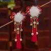 Accesorios para el Cabello Hanfu Pinza para el Cabello de Bola de Pelo de Visón Antiguo Clip Lateral con Borla Roja Accesorios Lindos para la Cabeza de Invierno 2023