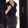 Estilo Yujie Elegante Camisa Preta de Manga Comprida com Decote em V Feminina Primavera e Outono Commuter OL Cintura Alta Saia Lápis Conjunto
