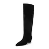 Botas Altas de Moda Estilo Británico con Pliegues de 6 cm 2026 Otoño Invierno Verano Punta Fina Tacón Grueso Botas Arrugadas Hasta la Rodilla Botas Largas