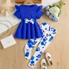 Comercio exterior ropa infantil verano niñas conjunto casual: Conjunto de dos piezas: falda de color liso de manga corta de cintura alta + pantalones largos estampados florales