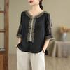 Camiseta Retro Estilo Chinês Bordado Pesado Feminina Verão Solta Efeito Emagrecedor Top Estilo Literário Camisa Pequena Plus Size Moda Feminina