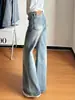 Streetwear Americano Menina Apimentada Jeans Azul Claro Feminino Temperamento Versátil Retrô Não Apertado nas Pernas Emagrecedor Valoriza Micro Flare Calças