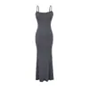 Vestido Longo Sexy G016 Estilo Europeu e Americano com Alças Finas tipo Espaguete e Bojos, Vestido Bodycon Justo Canelado
