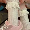Calcetines Apilados Estilo Lolita para Mujer con Lazo Lateral en Forma de Corazón, Calcetines de Encaje Calados de Media Caña Estilo Ballet para Niñas